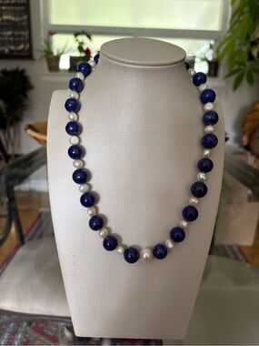 Lapis and Pearl Bead Necklace - Blue and White